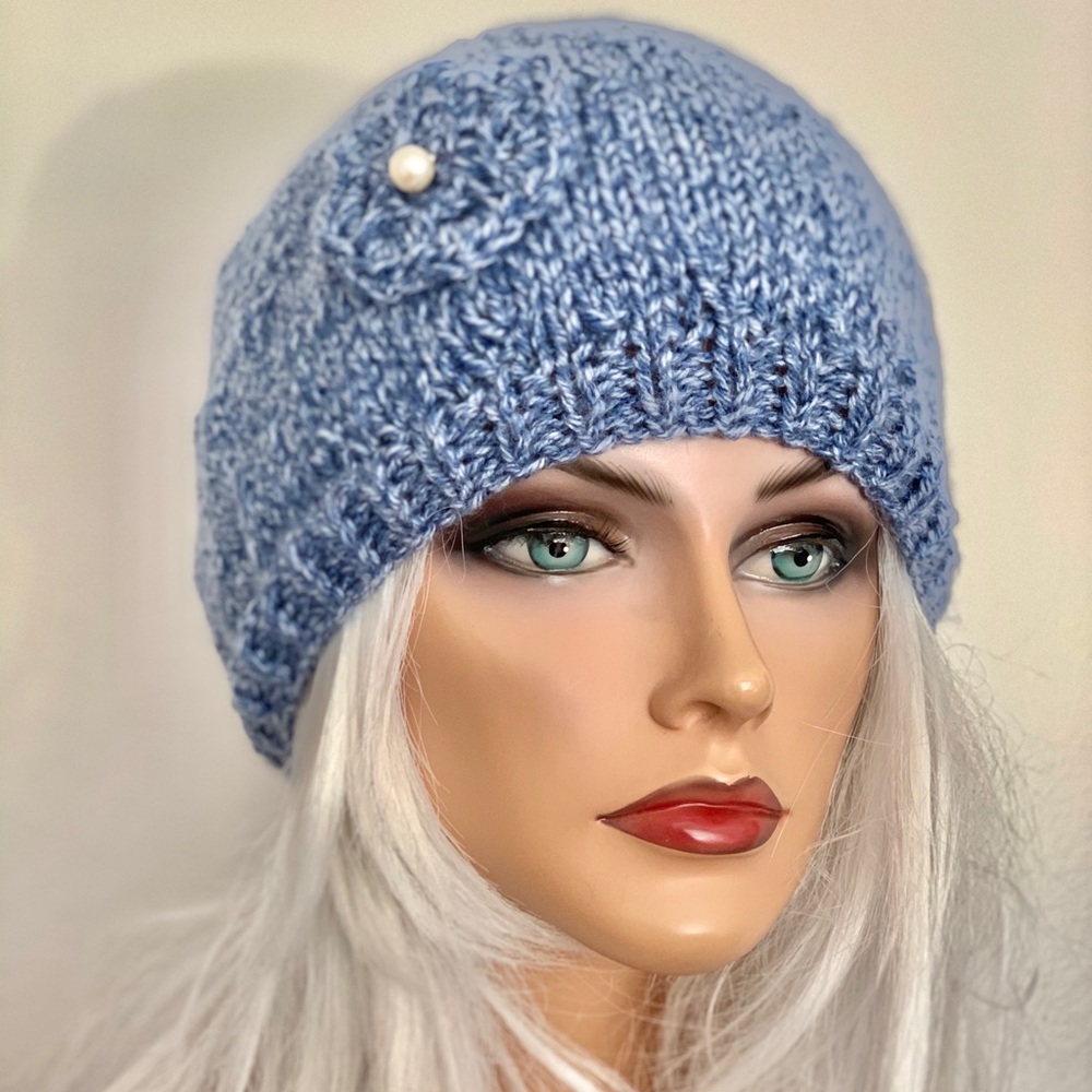 Hand Knits 2 Love Beanie Hat Slouch Denim Blue